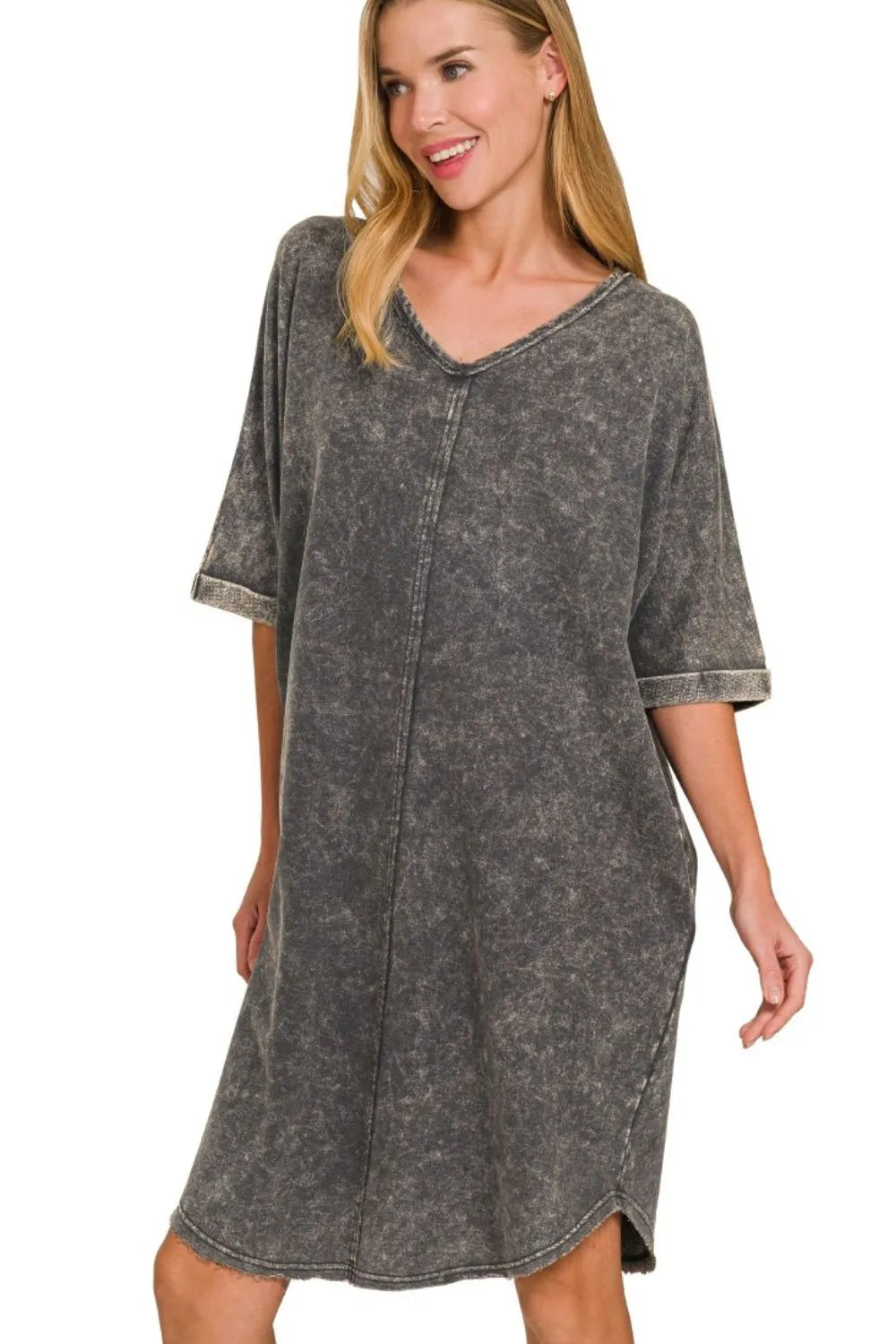 Zenana Ash Black Acid-washed French Terry Tee Shirt Dress ASH BLACK