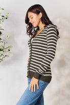 Zenana Dark Olive & Ivory Striped Snap Down Cardigan Trendsi