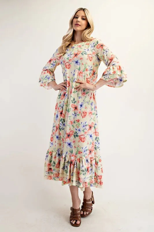 Celeste Soft Yellow Floral Ruffle Trim Dress