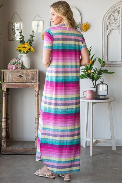 Heimish Pink Multi Color Striped Short Sleeve Maxi Dress