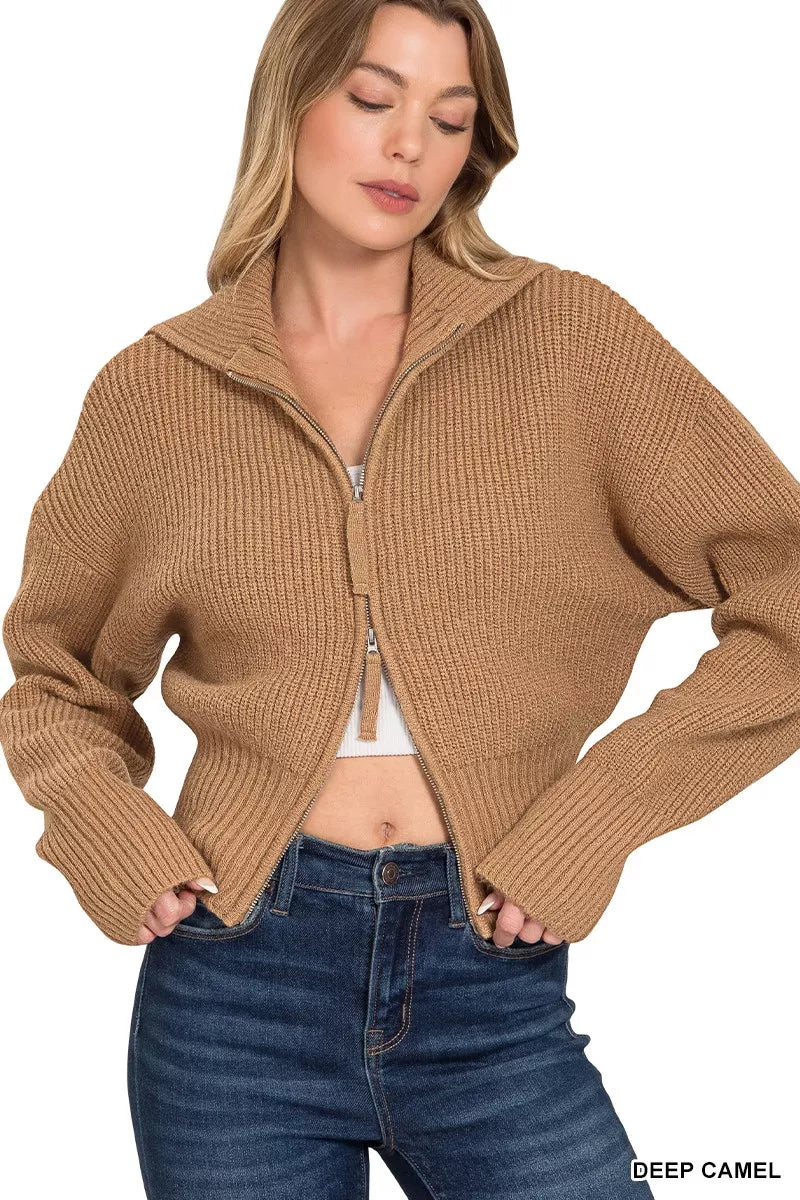 Zenana Ribbed Collared Zip Up Sweater Cardigan