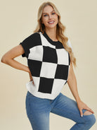 Double Take Checkered Round Neck Short Sleeve Sweater Black Trendsi