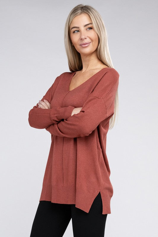 Zenana Garment Dyed Front Seam Side Slit Sweater ZENANA