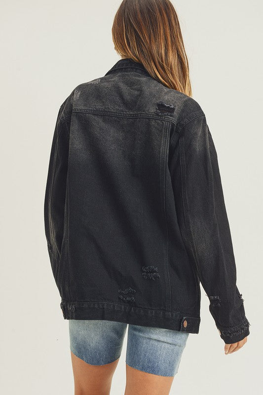 RISEN Black Distressed Long Sleeve Denim Jacket Coats & Jackets