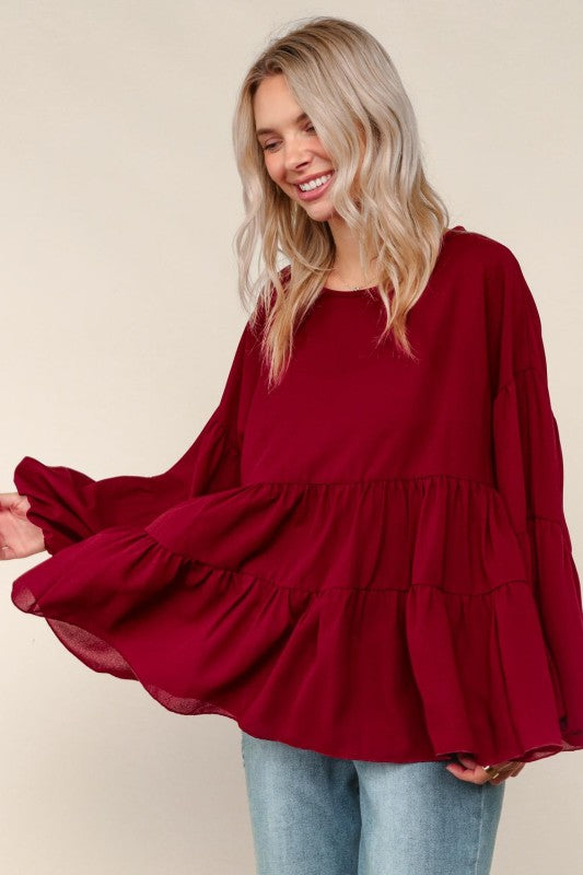 Haptics Wine Babydoll Oversized Blouse