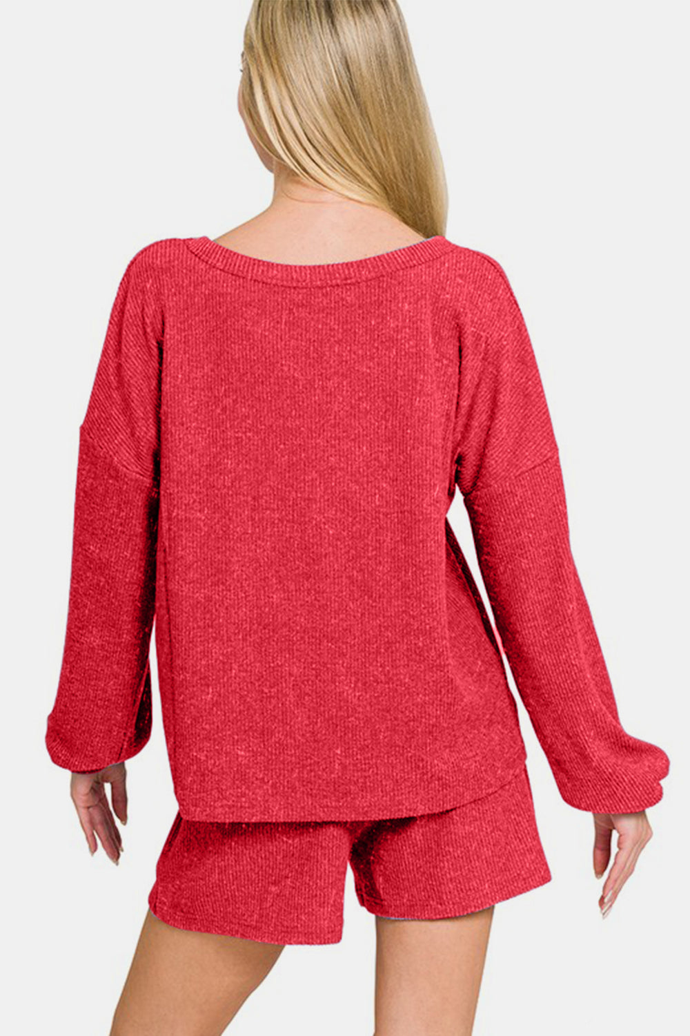 Zenana Deep Red V-Neck Long Sleeve Ribbed Top and Shorts Set Loungewear