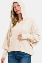 Zenana Sand Beige Brushed Hacci Drop Shoulder Cropped Hoodie