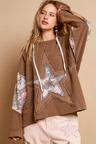 POL Brown Star Patchwork Raw Edge French Terry Hoodie Brown Trendsi