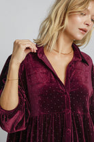 Umgee Burgundy Velvet Beaded Button Up Half Sleeve Tunic Shirts & Tops