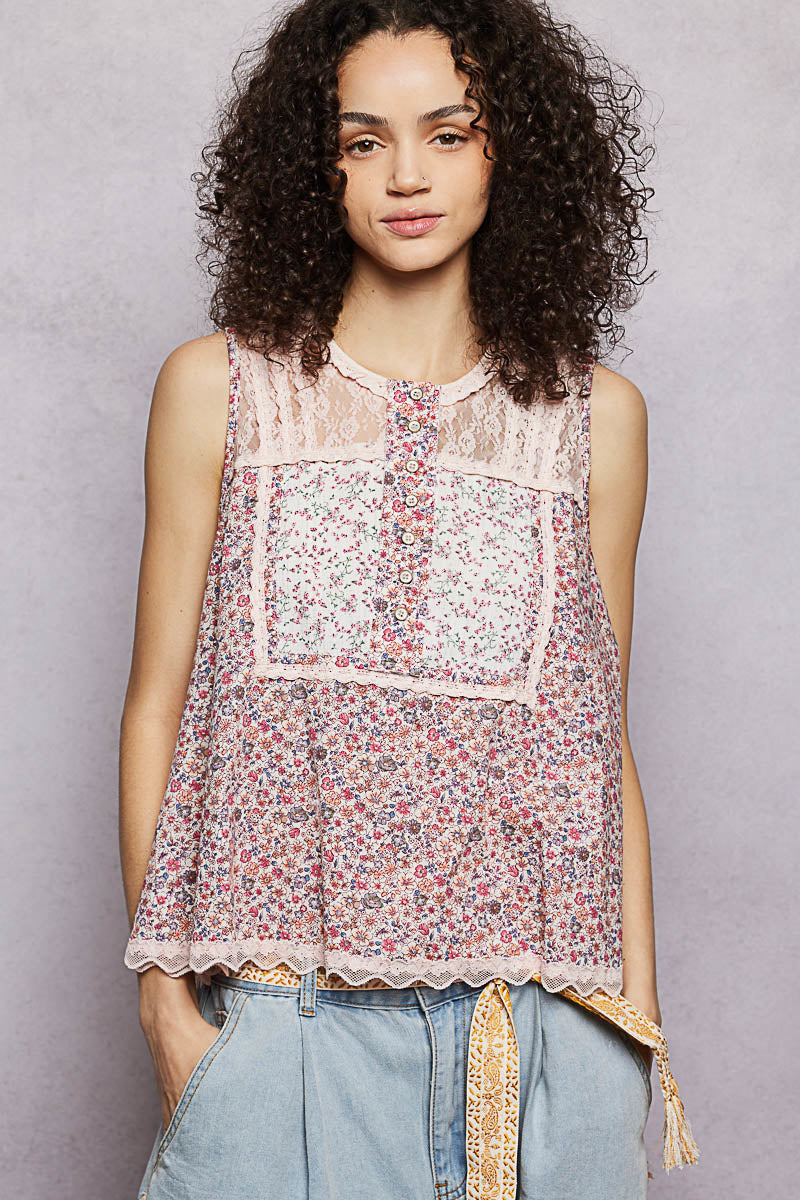 POL Printed Woven Lace Back Round Neck Sleeveless Top PINK