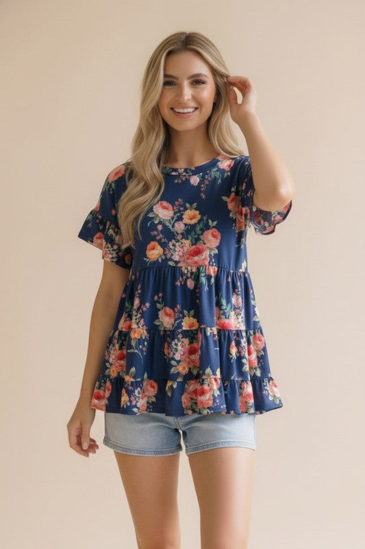 Haptics Frill Hem Babydoll Swing Floral Knit Top