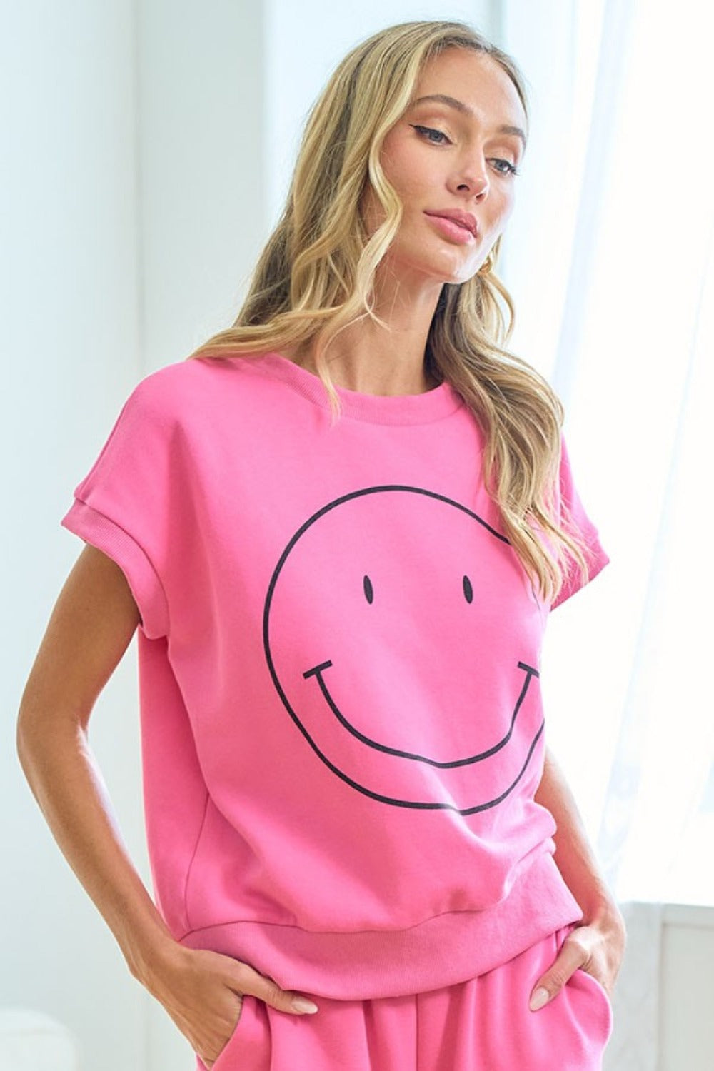 First Love Smile Face Drop Shoulder Brushed Inside T-Shirt Trendsi