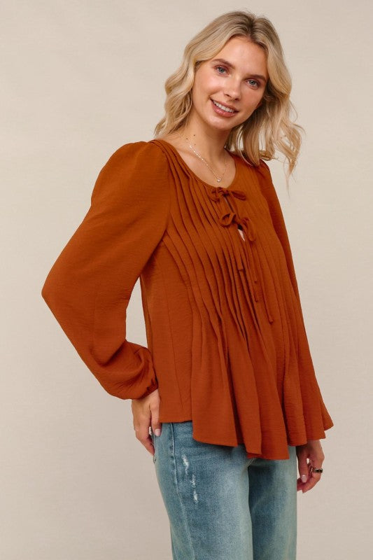 Haptics Rust Scoop Neck Solid Blouse with Ribbon Bow Detail
