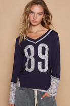 POL 89 V-Neck Long Sleeve Floral Number Patch T-Shirt Indigo Trendsi