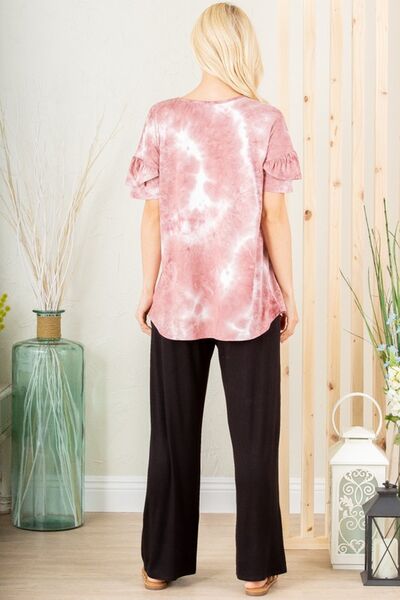 Heimish Mauve & Ivory Ruffled Sleeve Tie Dye Top