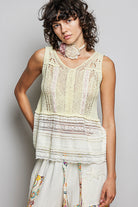 POL Lemon V-Neck Crochet Sweater Vest with Lace Trim