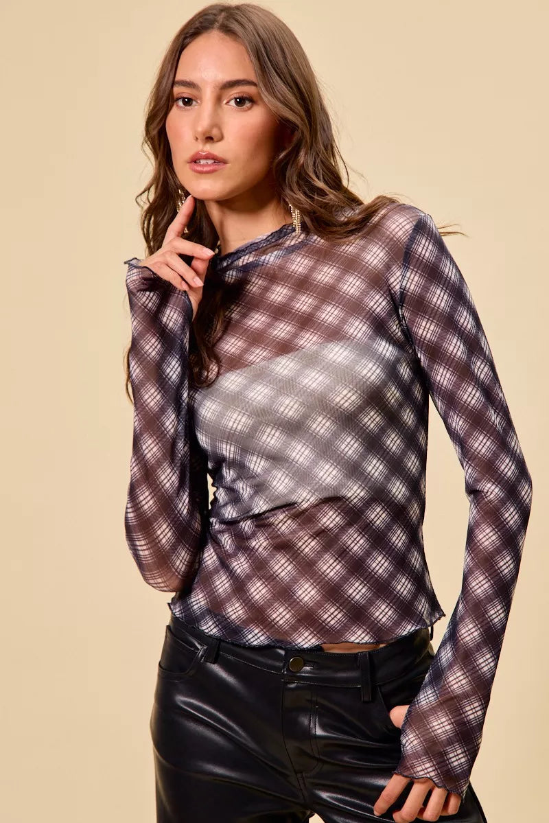 SO ME Plaid Mesh Knit Long Sleeve Top with Thumb Opening BLACK