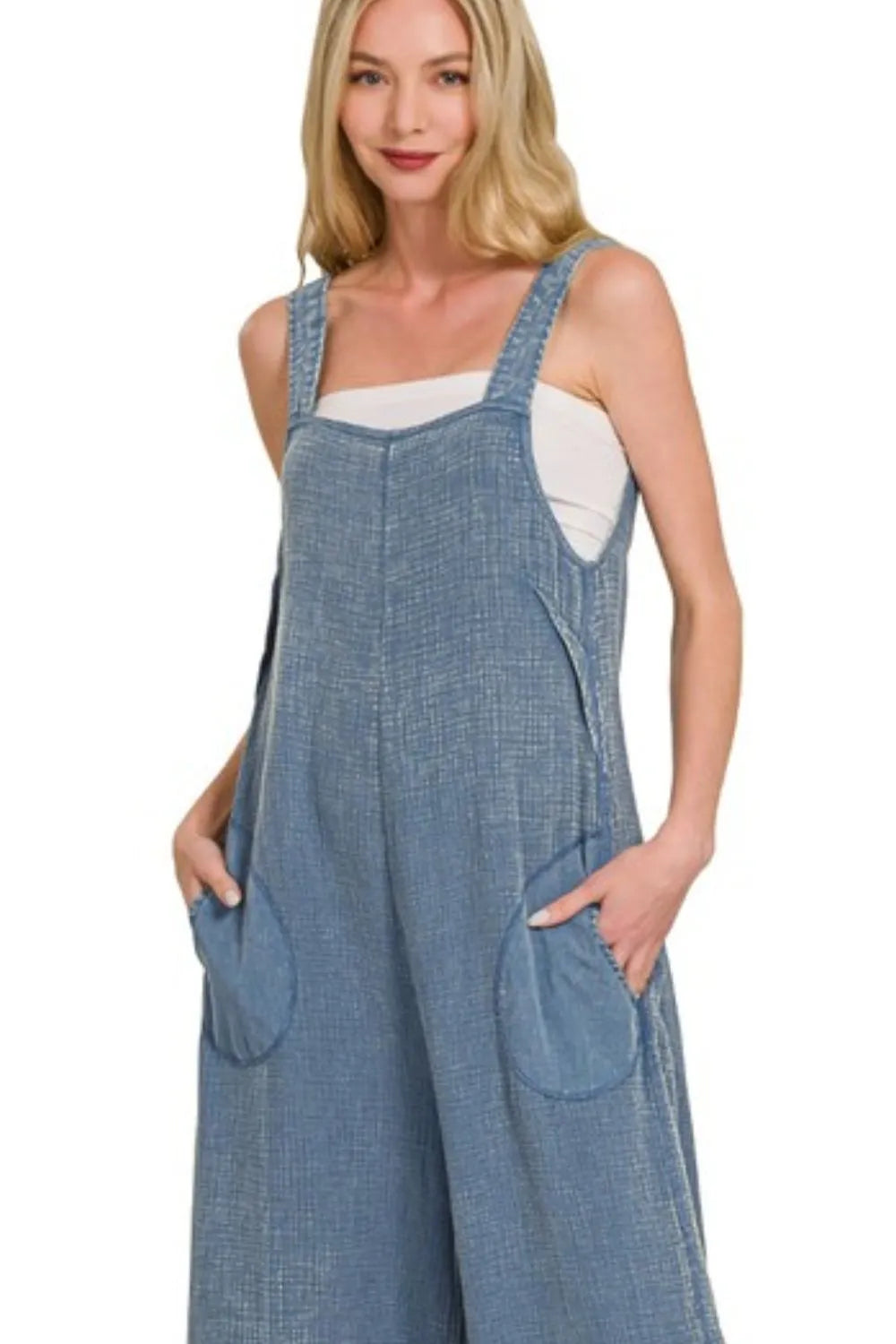 Zenana Dusty Blue Double Gauze Washed Wide Leg Overalls