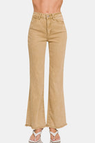 Zenana Acid Washed Frayed Hem Bootcut Jeans in Light Camel Pants