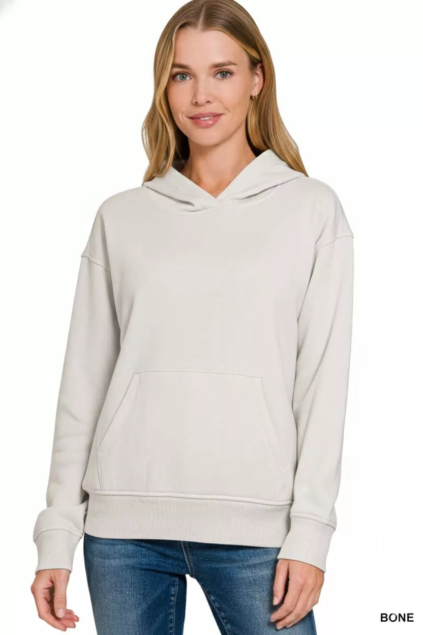 Zenana Bone Fleece Kangaroo Pocket Hoodie