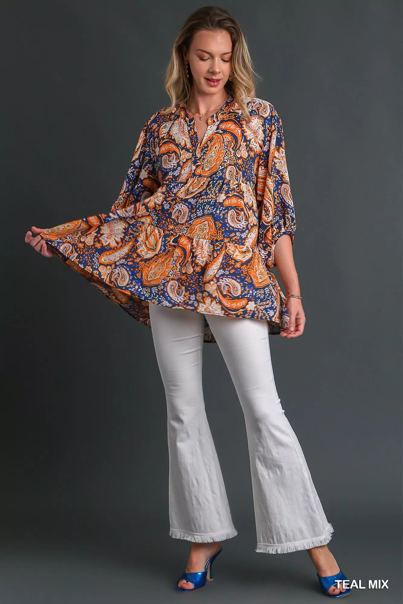 Umgee Teal Mix Paisley Boho Tunic Blouse