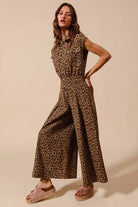 SO ME Wide Leg Leopard Twill Overalls Jumpsuit with Tuck Pleats