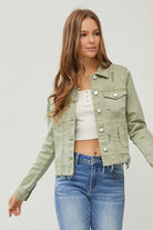 RISEN Sage Raw Hem Button Up Cropped Denim Jacket Sage