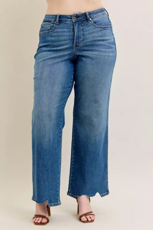 Judy Blue Medium Washed High Waist Tummy Control Chew Hem Destroyed Wide Jeans
