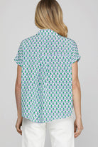 She + Sky Printed Johnny Collar Short Sleeve Blouse