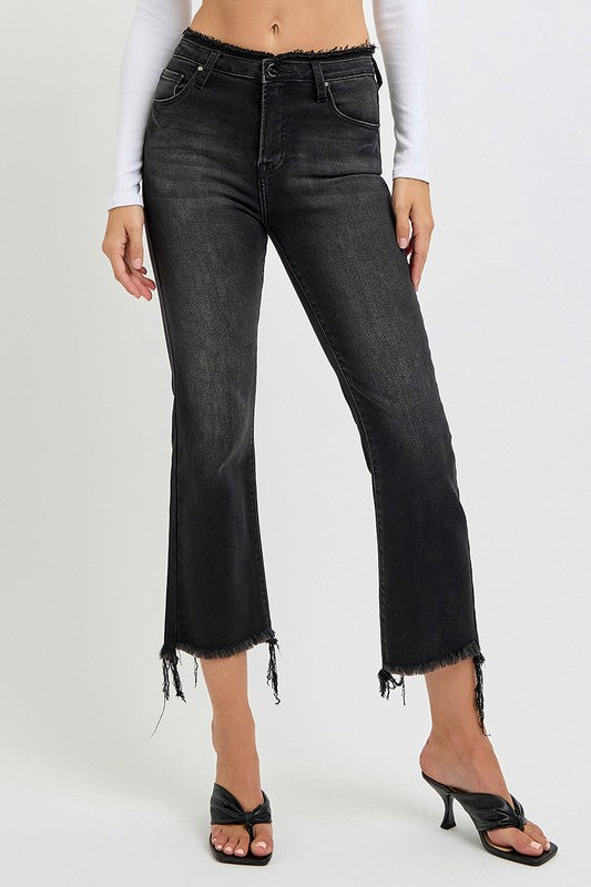 RISEN Black Raw Hem Cropped Flare Jeans Black