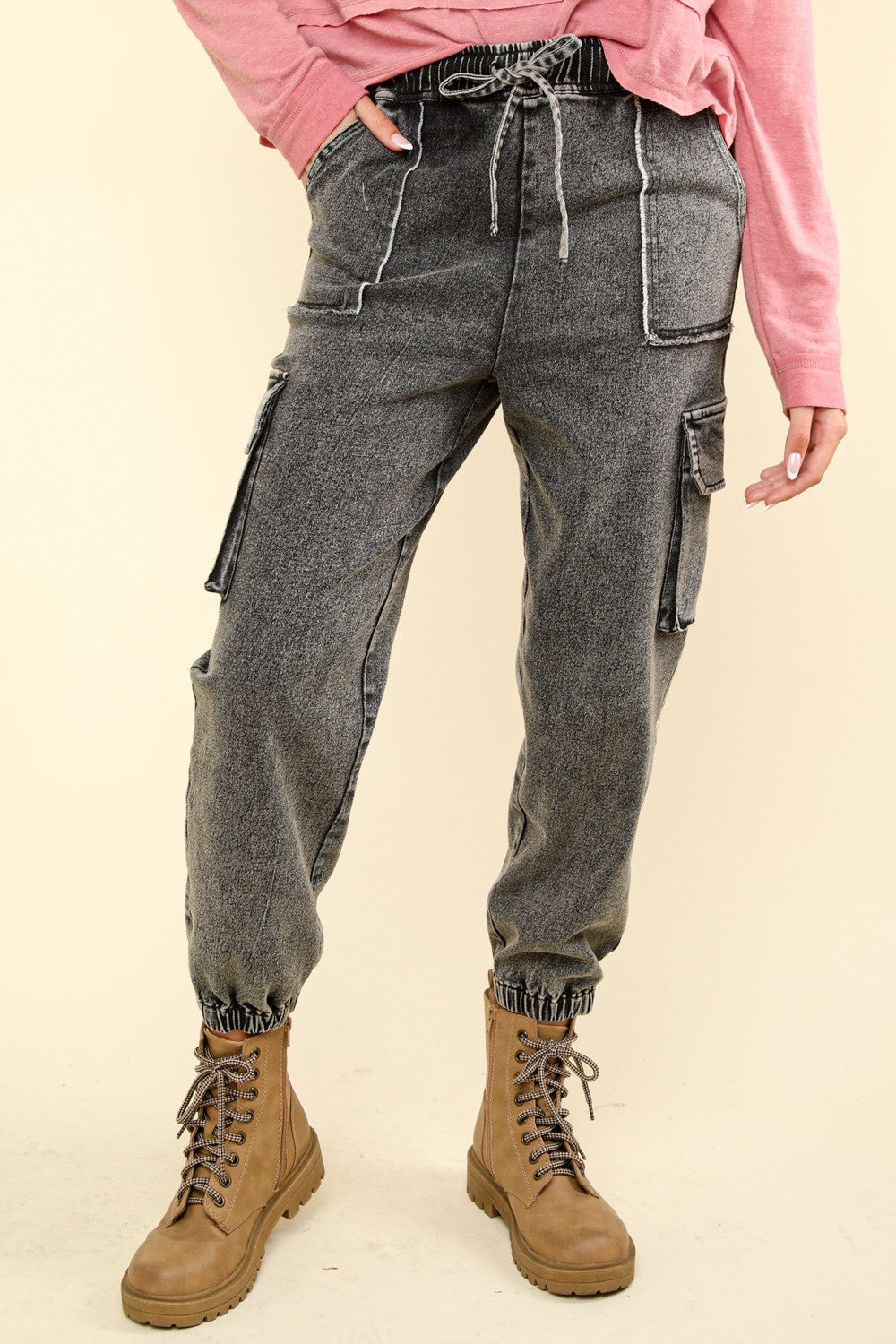 VERY J Black Washed Drawstring Jogger Cargo Jeans Black Denim Trendsi