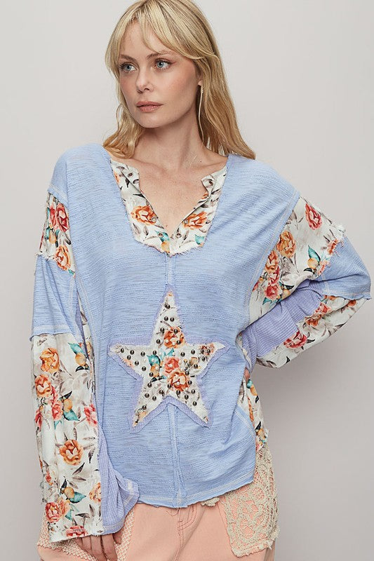 POL Light Blue Floral Stud Detail Star Patch Notched Long Sleeve T-Shirt