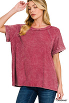 Zenana Cabernet Washed Ribbed Cuffed Short Sleeve Round Neck Top CABERNET