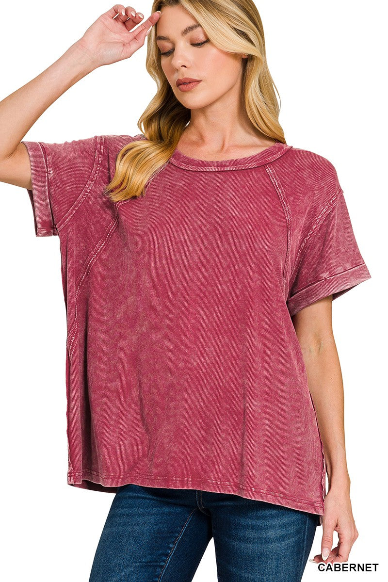 Zenana Cabernet Washed Ribbed Cuffed Short Sleeve Round Neck Top CABERNET