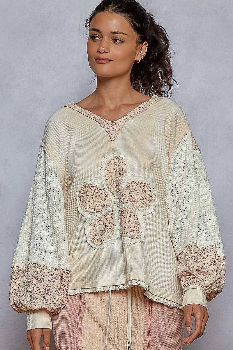 POL Raw Hem Washed Hoodie with Flower Patch Cream