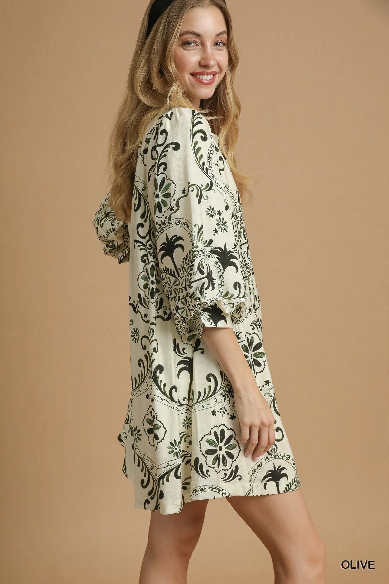 Umgee Olive Boho Printed Balloon Sleeve Mini Dress