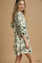 Umgee Olive Boho Printed Balloon Sleeve Mini Dress