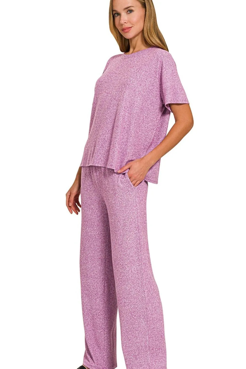 Zenana Light Plum Soft Melange Short Sleeve Tee & Long Pants Set LT PLUM