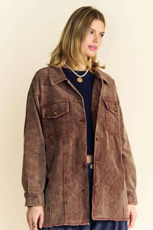 Davi & Dani Dark Drown Washed Corduroy Raw Hem Button Up Jacket Coats & Jackets