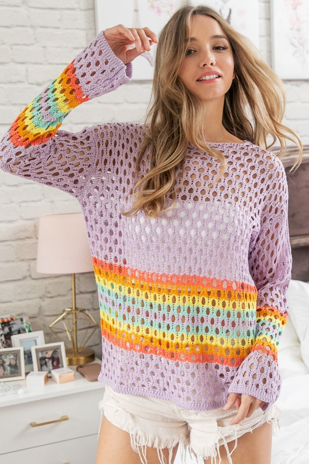 BiBi Lavender Rainbow Stripe Hollow Out Long Sleeve Top Trendsi