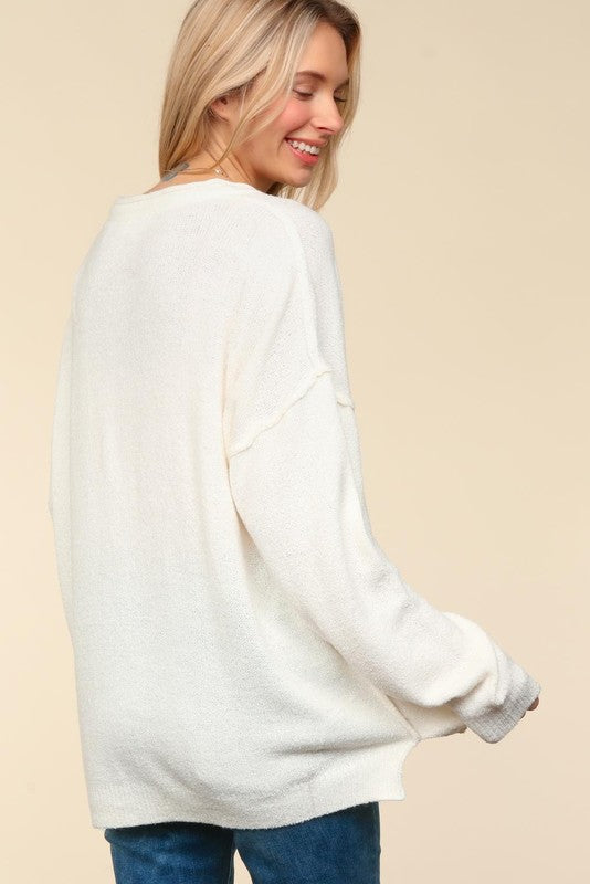 Haptics Ivory Notched Neck With Patch Oversized Sweater Shirts & Tops