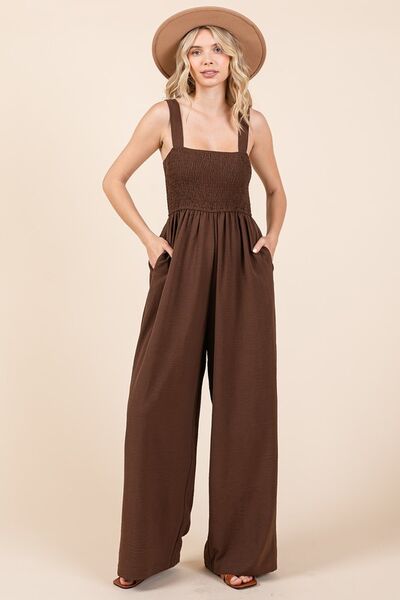 Mittoshop Airflow Ash Brown Smocked Wide Strap Wide Leg Jumpsuit Ash Brown