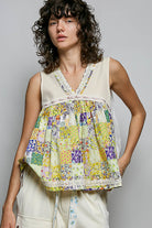 POL Vanilla Cream Floral V-Neck Sheer Tank with Lace Trim