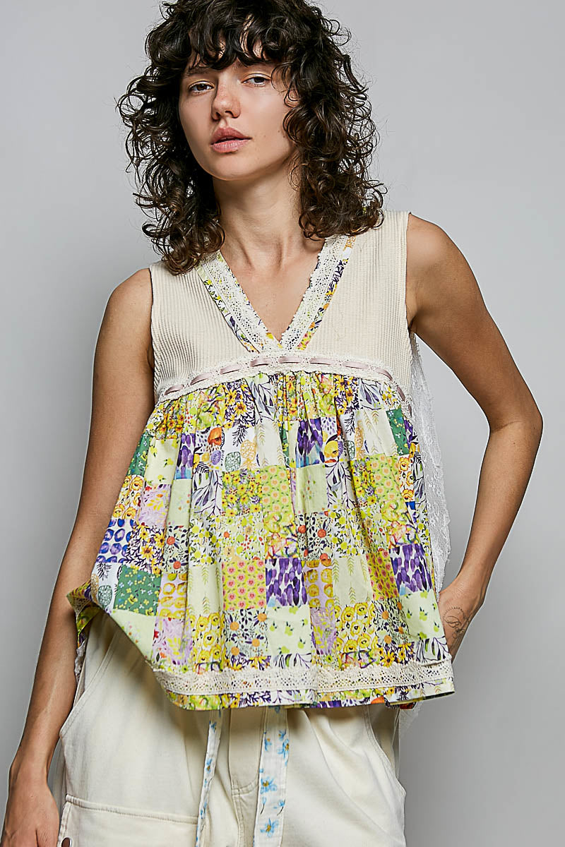 POL Vanilla Cream Floral V-Neck Sheer Tank with Lace Trim