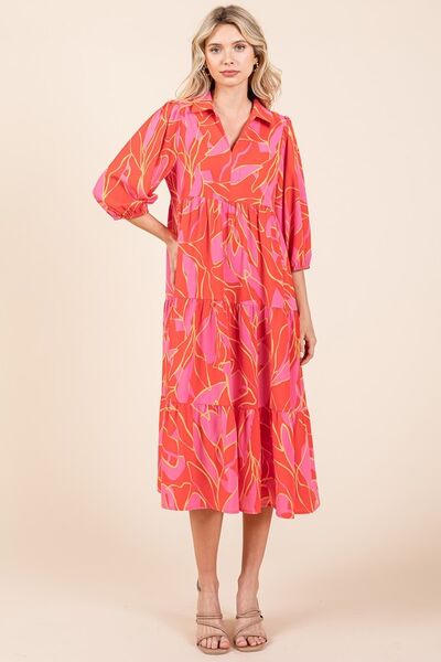 Mittoshop Coral Tiered Printed Collared Neck Midi Dress