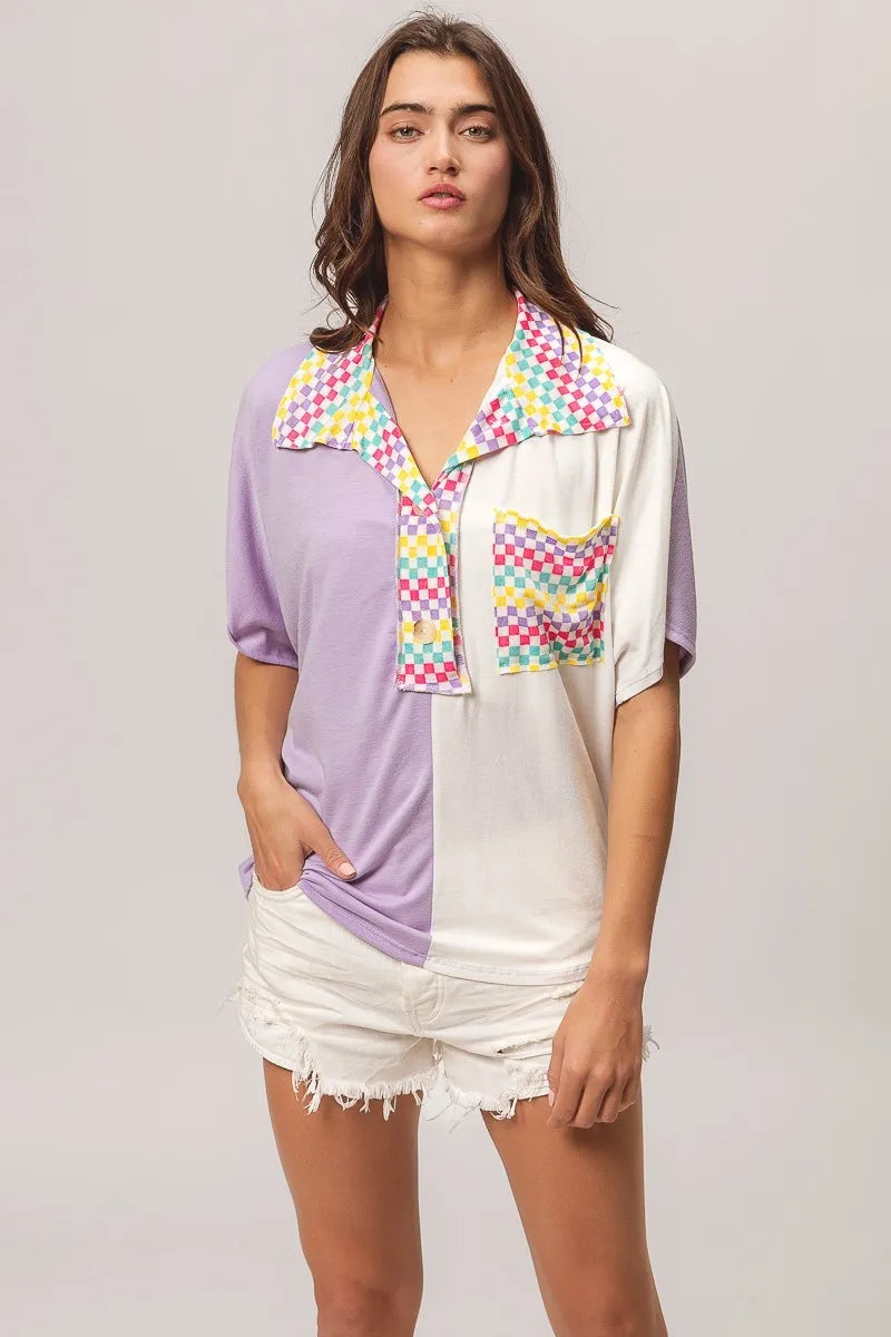 BiBi Lavender Color Block Knit with Multi Checker Contrast Top