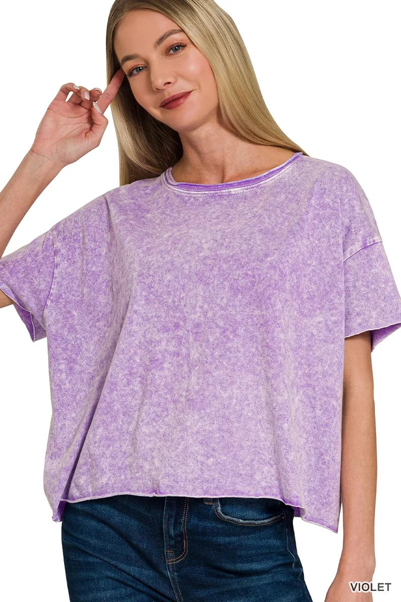 Zenana Violet Halo Washed Cotton Short Sleeve Top VIOLET