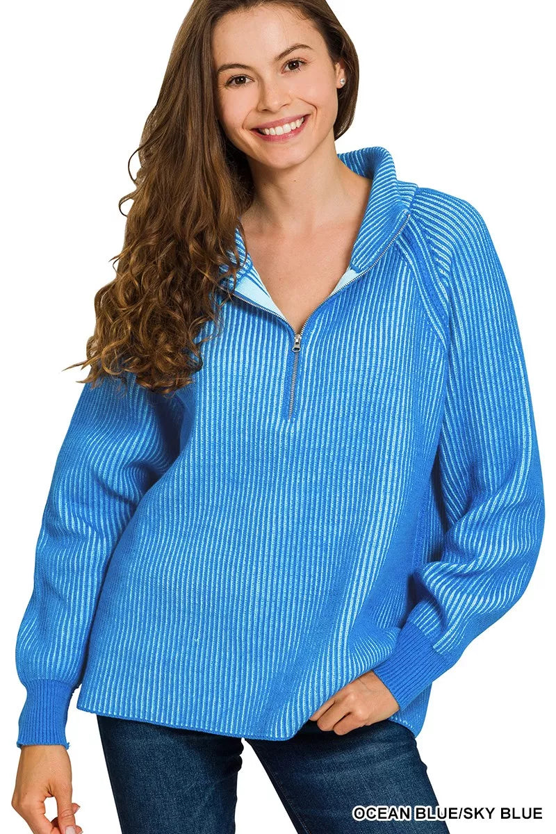 Zenana OCEAN BLUE/SKY BLUE Ribbed Two Tone Half Zip Sweater