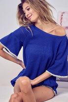 BiBi Royal Blue Popcorn Waffle Knit Top with Pompom Lace