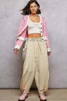POL Baby Pink Button Down Cable-Knit Cardigan with Contrast Border Accents